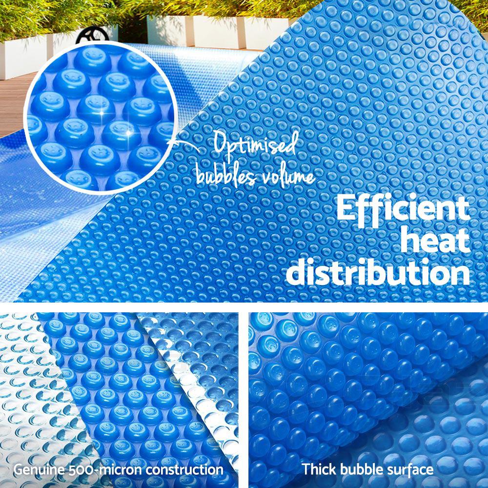 Aquabuddy 8M x 4.2M Solar Swimming Pool Cover made of durable 400 Micron polyethylene, designed to retain heat and reduce evaporation.